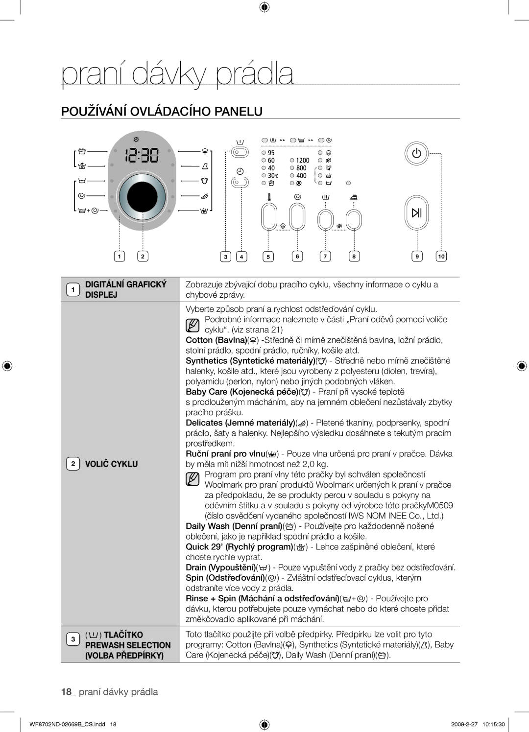 Samsung WF8702NDW/XEH manual Používání Ovládacího Panelu, Volič Cyklu 