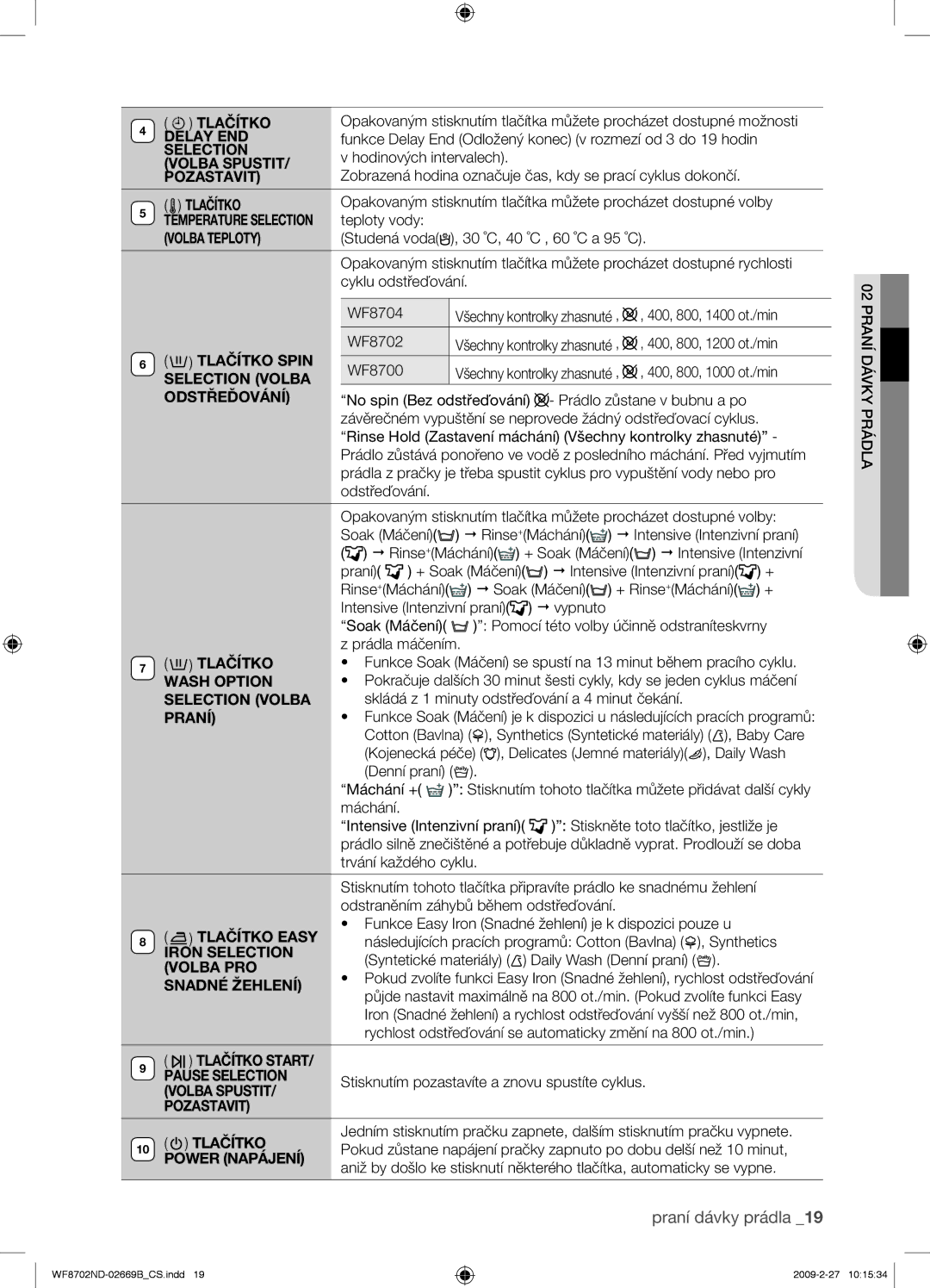 Samsung WF8702NDW/XEH Volba Spustit Pozastavit, Volba Teploty, Tlačítko Spin, Selection Volba Odstřeďování, Praní 