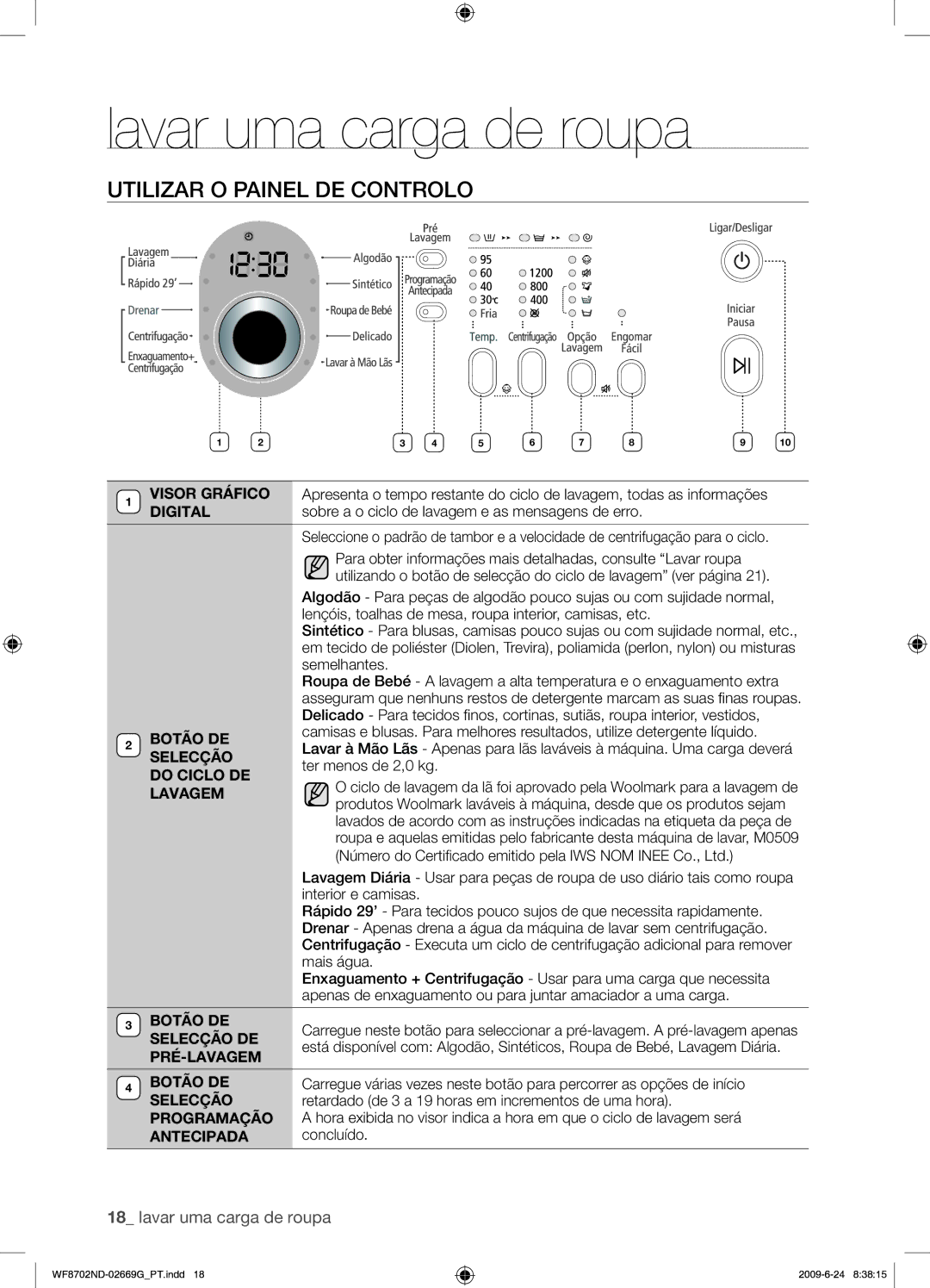 Samsung WF8702NDW/XEP manual Utilizar O Painel DE Controlo 