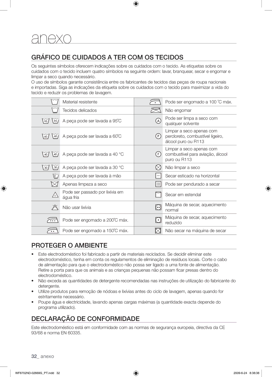 Samsung WF8702NDW/XEP Anexo, Gráfico DE Cuidados a TER COM OS Tecidos, Proteger O Ambiente, Declaração DE Conformidade 