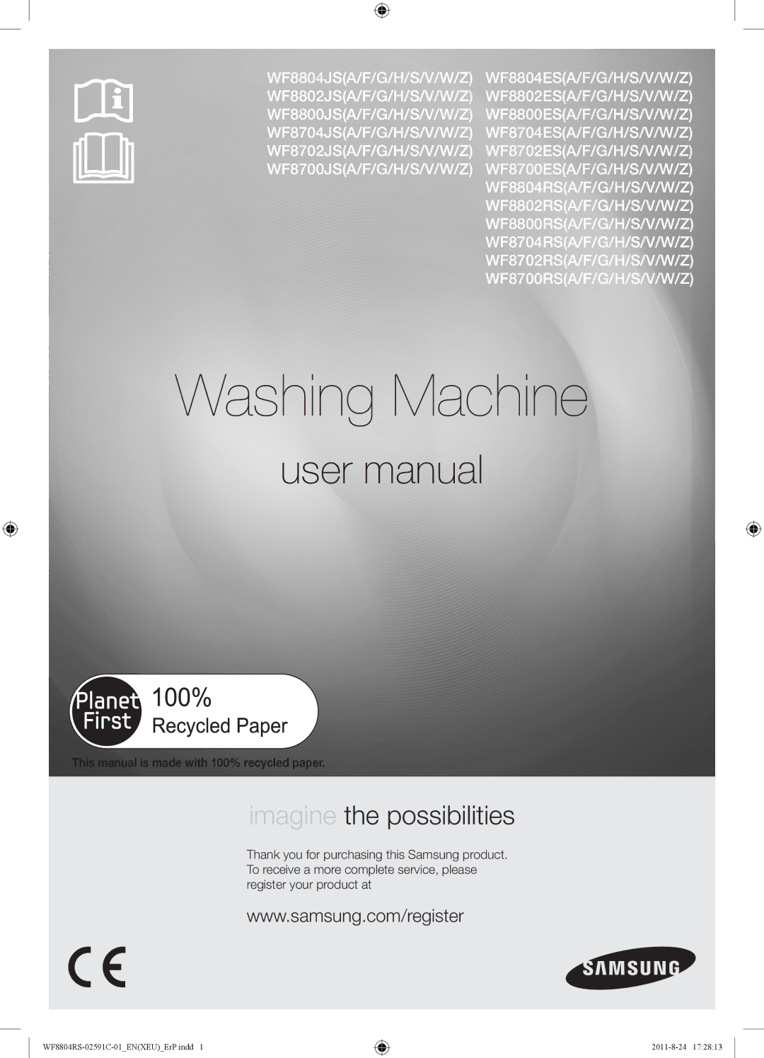 Samsung WF8704RSS/XEU, WF8702RSD/XEU, WF8704RSW1/XEU manual Washing Machine 