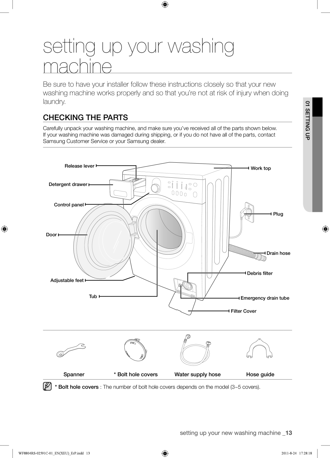 Samsung WF8704RSS/XEU, WF8702RSD/XEU, WF8704RSW1/XEU manual Setting up your washing machine, Checking the Parts 