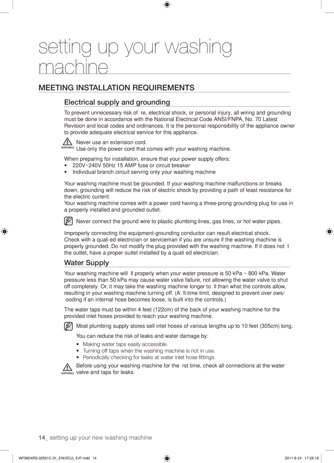 Samsung WF8704RSW1/XEU, WF8702RSD/XEU Meeting Installation Requirements, Electrical supply and grounding, Water Supply 