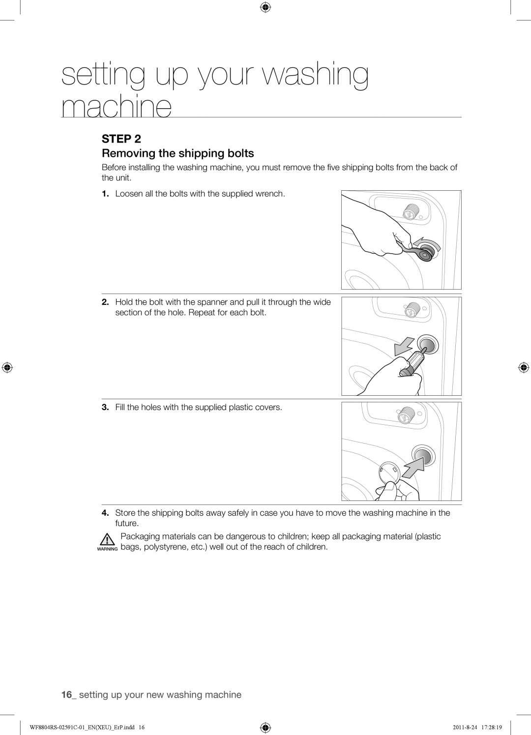 Samsung WF8704RSS/XEU, WF8702RSD/XEU, WF8704RSW1/XEU manual Removing the shipping bolts 