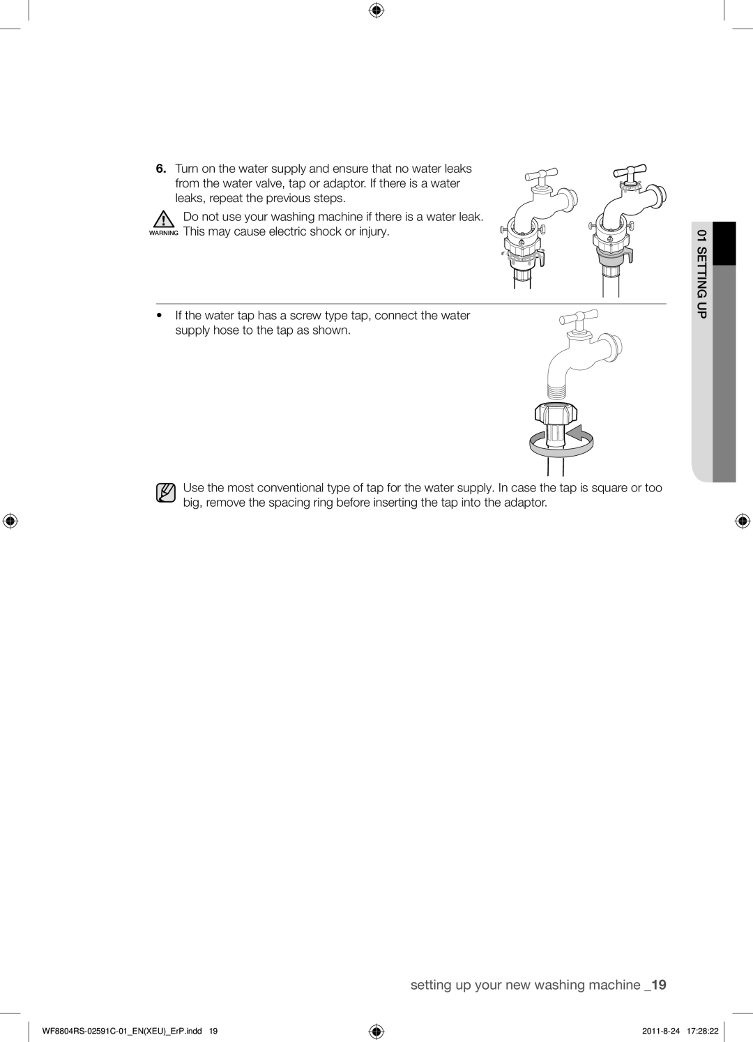 Samsung WF8704RSS/XEU, WF8702RSD/XEU, WF8704RSW1/XEU manual Setting up your new washing machine 