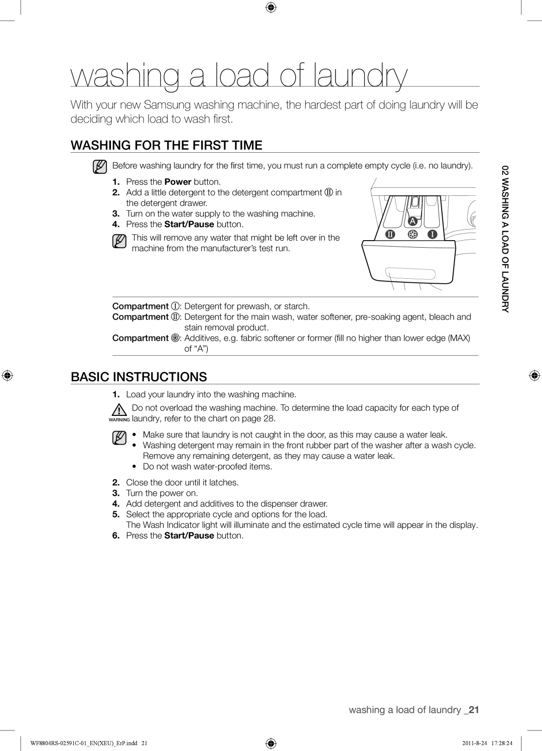 Samsung WF8702RSD/XEU, WF8704RSS/XEU manual Washing a load of laundry, Washing for the First Time, Basic Instructions 