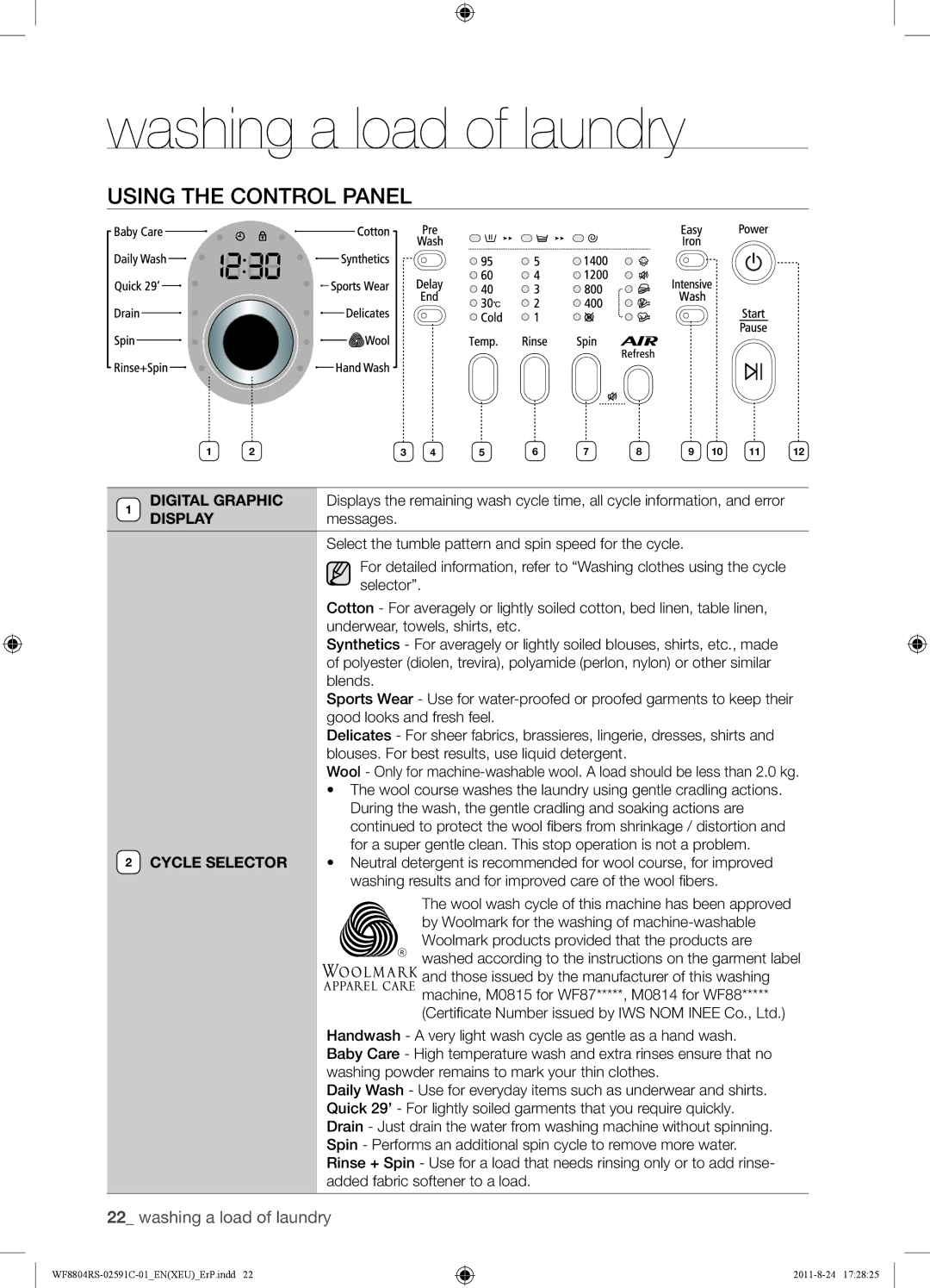 Samsung WF8704RSS/XEU, WF8702RSD/XEU, WF8704RSW1/XEU manual Using the Control Panel 