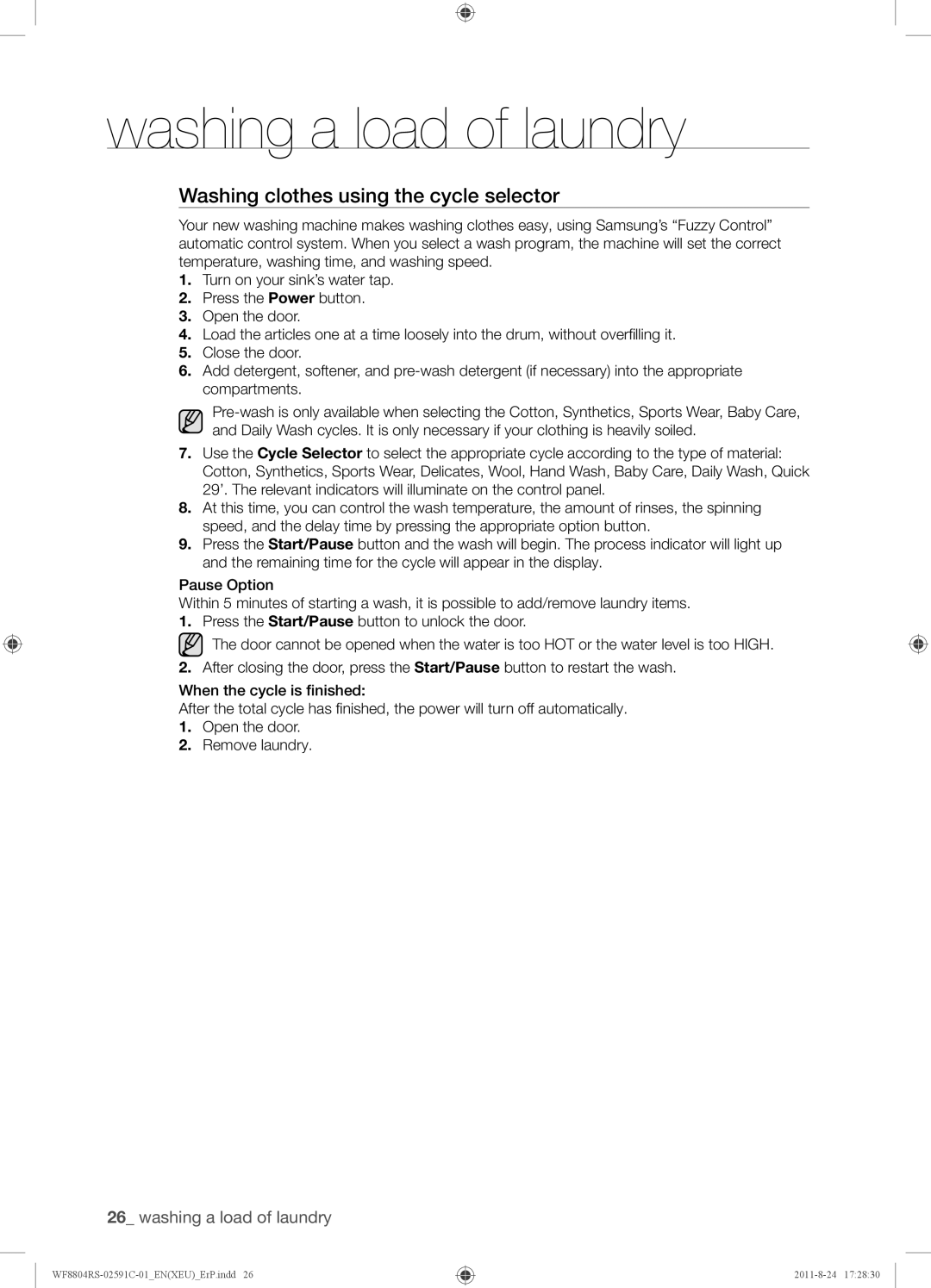 Samsung WF8704RSW1/XEU, WF8702RSD/XEU, WF8704RSS/XEU manual Washing clothes using the cycle selector 