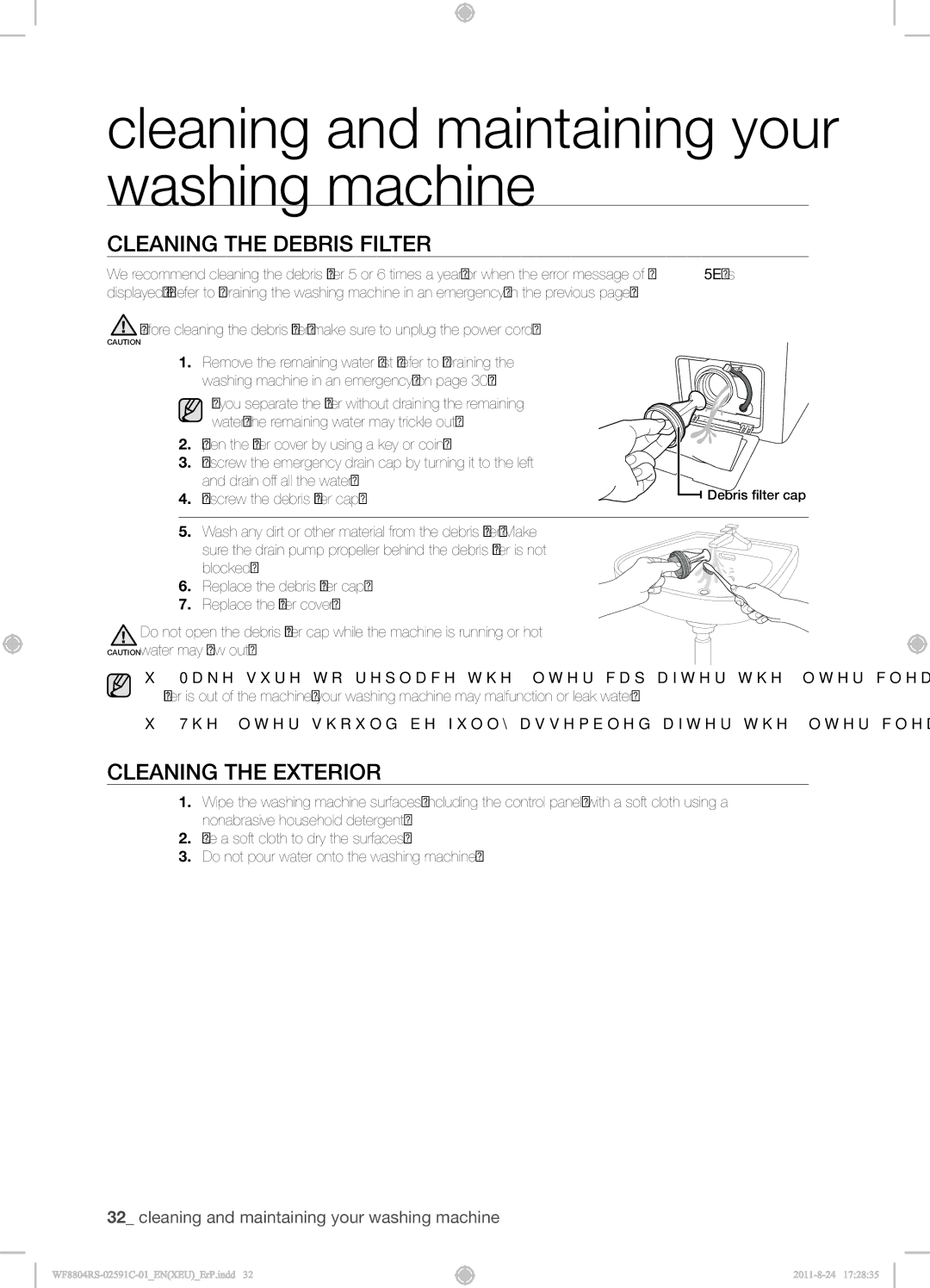 Samsung WF8704RSW1/XEU, WF8702RSD/XEU, WF8704RSS/XEU manual Cleaning the Debris Filter 