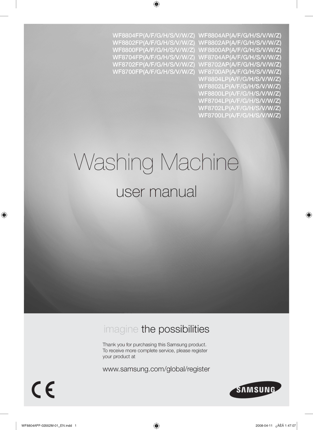 Samsung WF8704APA/XEE manual Washing Machine 