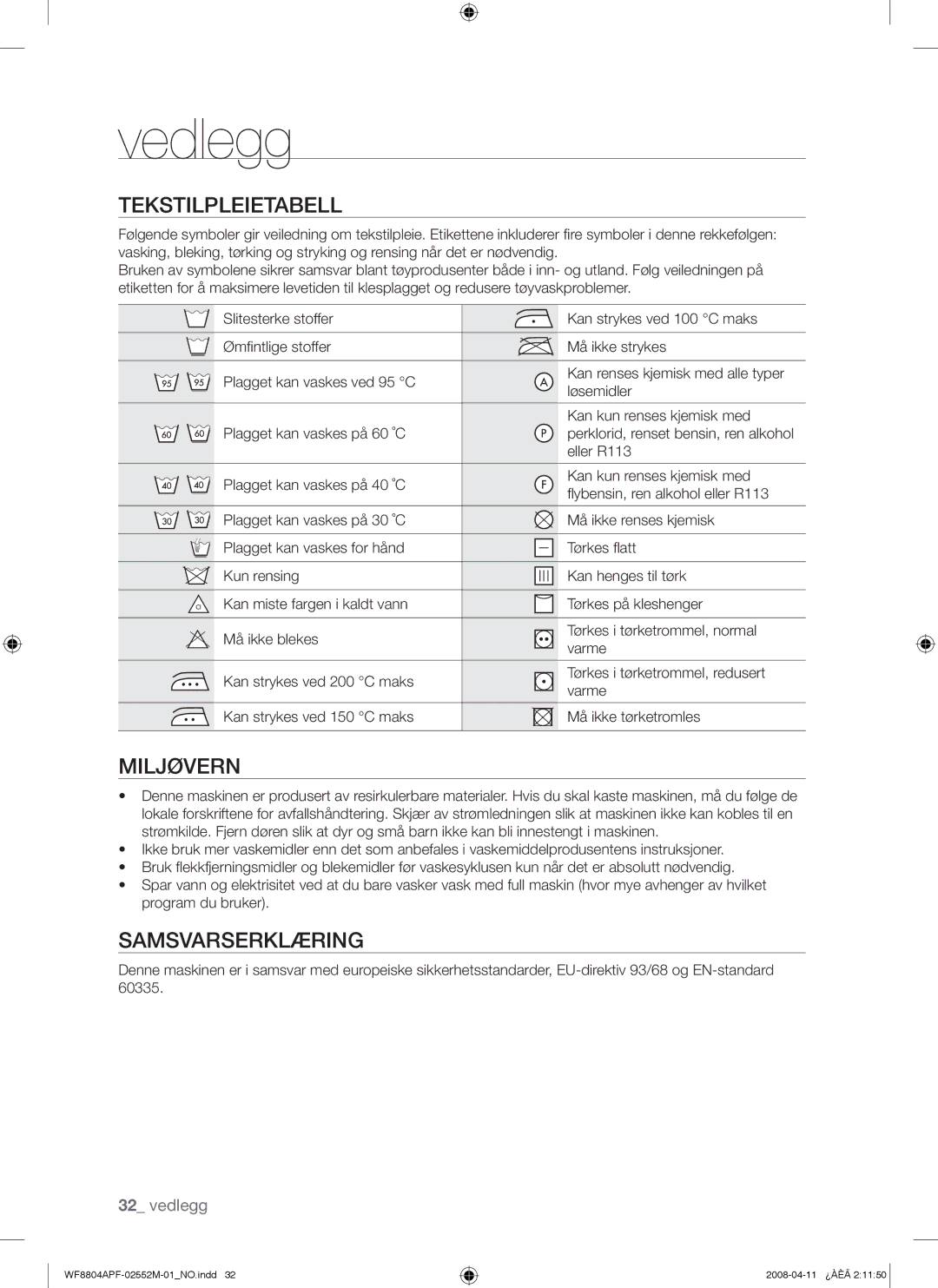 Samsung WF8704APA/XEE manual Vedlegg, Tekstilpleietabell, Miljøvern, Samsvarserklæring 