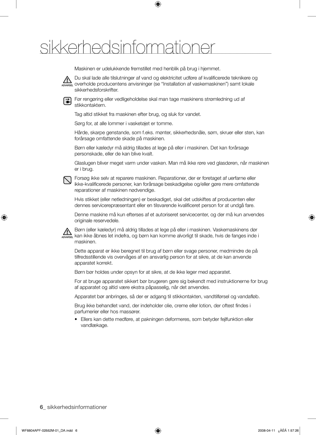 Samsung WF8704APA/XEE manual Sikkerhedsinformationer 