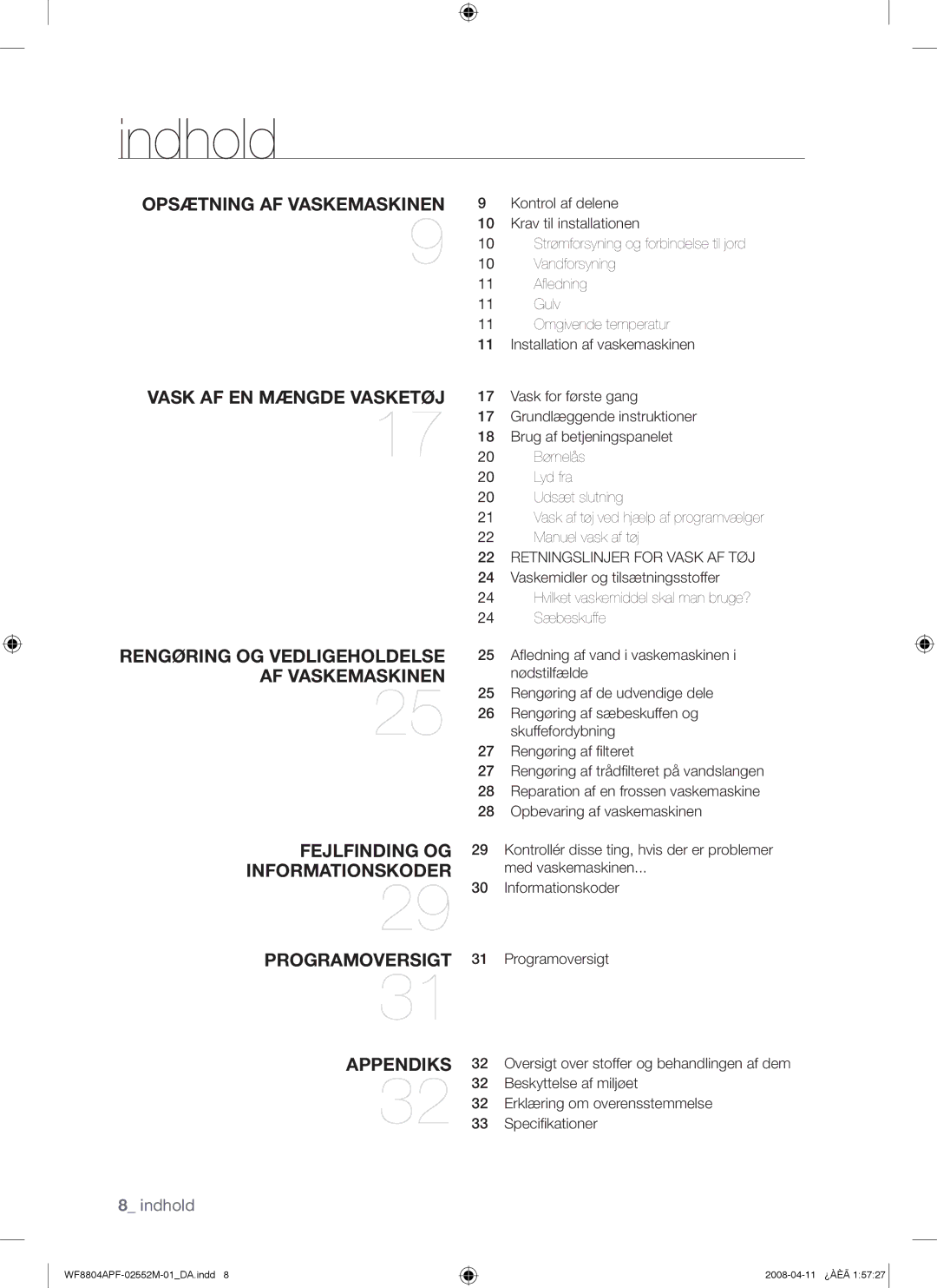 Samsung WF8704APA/XEE manual Indhold, Beskyttelse af miljøet, Erklæring om overensstemmelse 