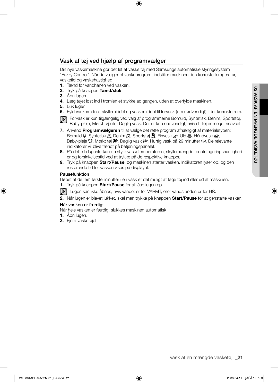 Samsung WF8704APA/XEE manual Vask af tøj ved hjælp af programvælger 