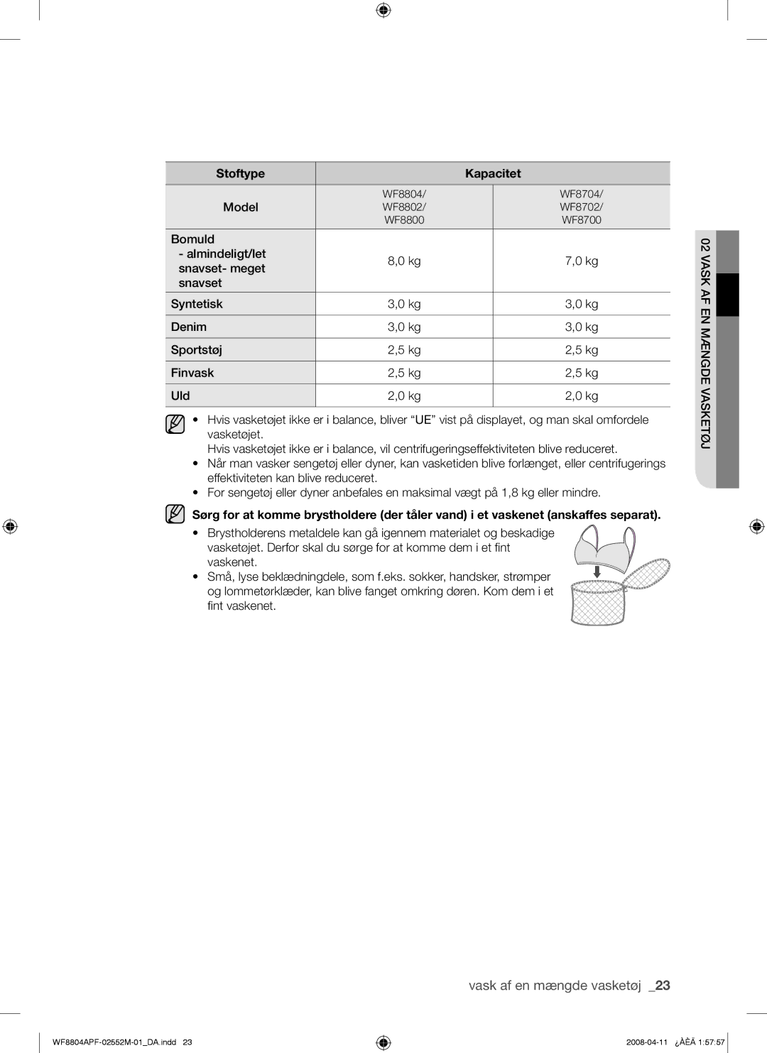 Samsung WF8704APA/XEE manual Stoftype Kapacitet 