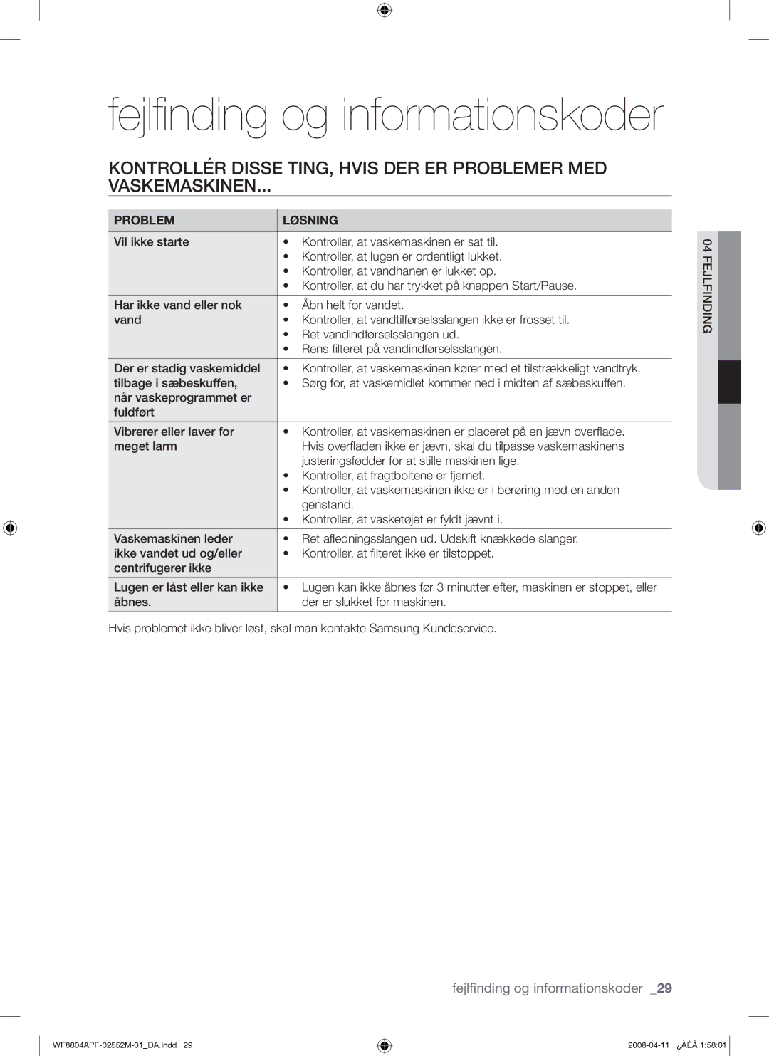 Samsung WF8704APA/XEE manual Fejlﬁnding og informationskoder 