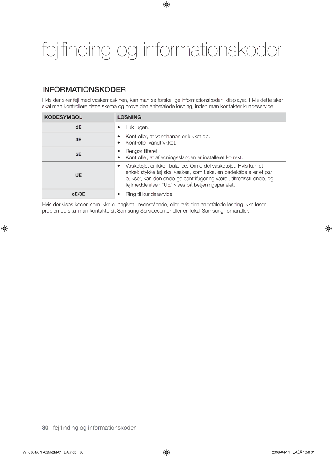 Samsung WF8704APA/XEE manual Fejlﬁnding og informationskoder 