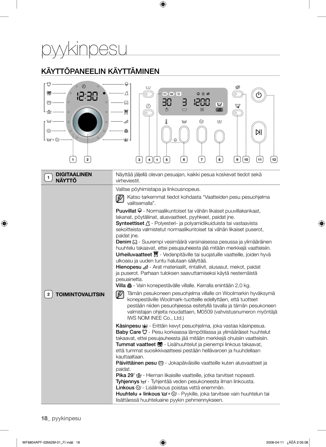 Samsung WF8704APA/XEE manual Käyttöpaneelin Käyttäminen, Digitaalinen, Näyttö, Toimintovalitsin 