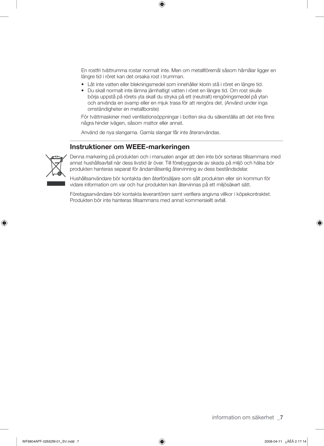 Samsung WF8704APA/XEE manual Instruktioner om WEEE-markeringen 