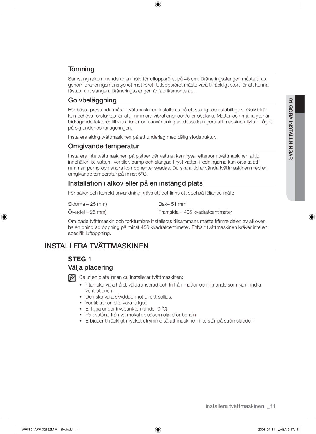 Samsung WF8704APA/XEE manual Installera Tvättmaskinen 