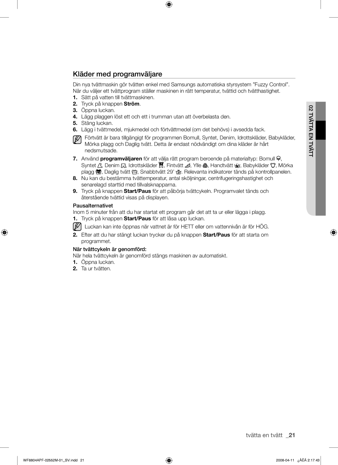 Samsung WF8704APA/XEE manual Kläder med programväljare 