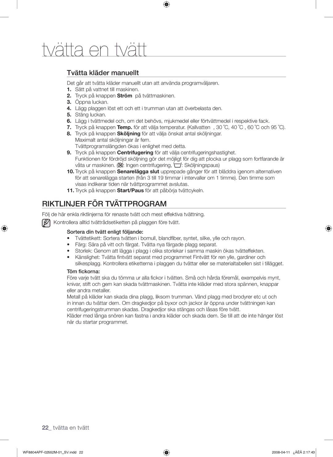 Samsung WF8704APA/XEE manual Riktlinjer FÖR Tvättprogram, Tvätta kläder manuellt 