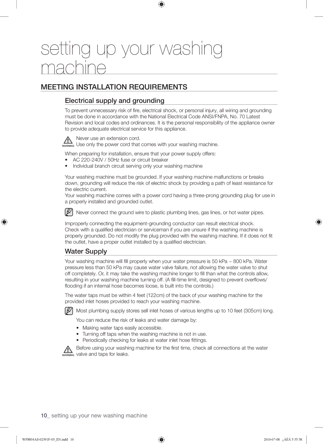 Samsung WF8804ASV1/XEE, WF8704ASA1/XEE Meeting Installation Requirements, Electrical supply and grounding, Water Supply 