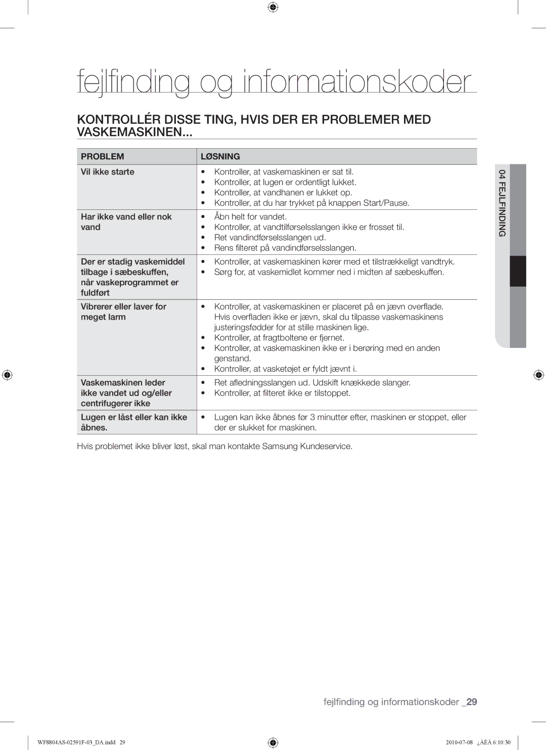 Samsung WF8804ASV/XEE, WF8704ASA1/XEE, WF8704ASV1/XEE, WF8704ASV/XEE, WF8804ASW/XEE manual Fejlﬁnding og informationskoder 