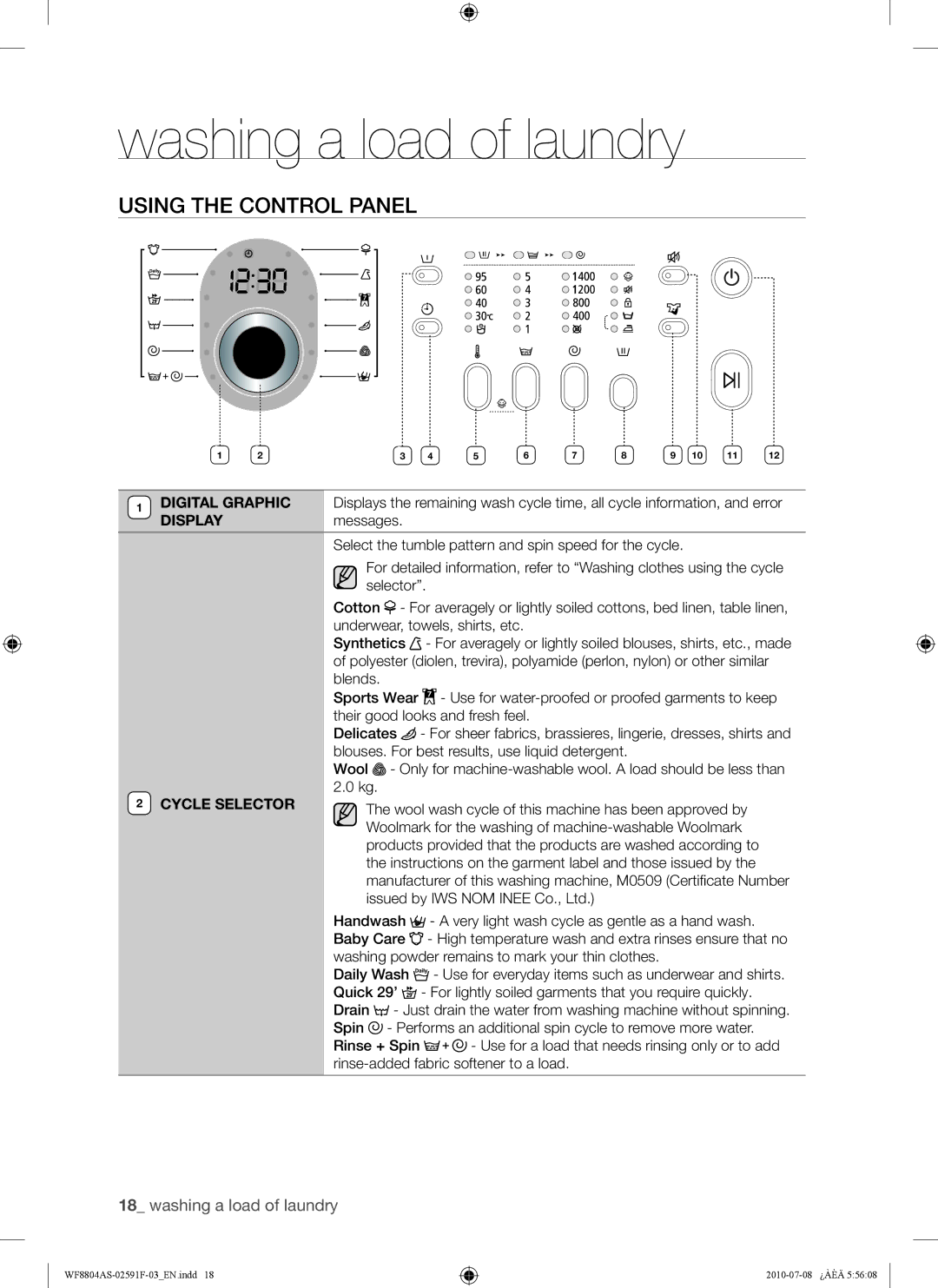 Samsung WF8704ASW1/XEE, WF8704ASA1/XEE, WF8704ASV1/XEE, WF8704ASV/XEE, WF8804ASW/XEE Using the Control Panel, Cycle Selector 