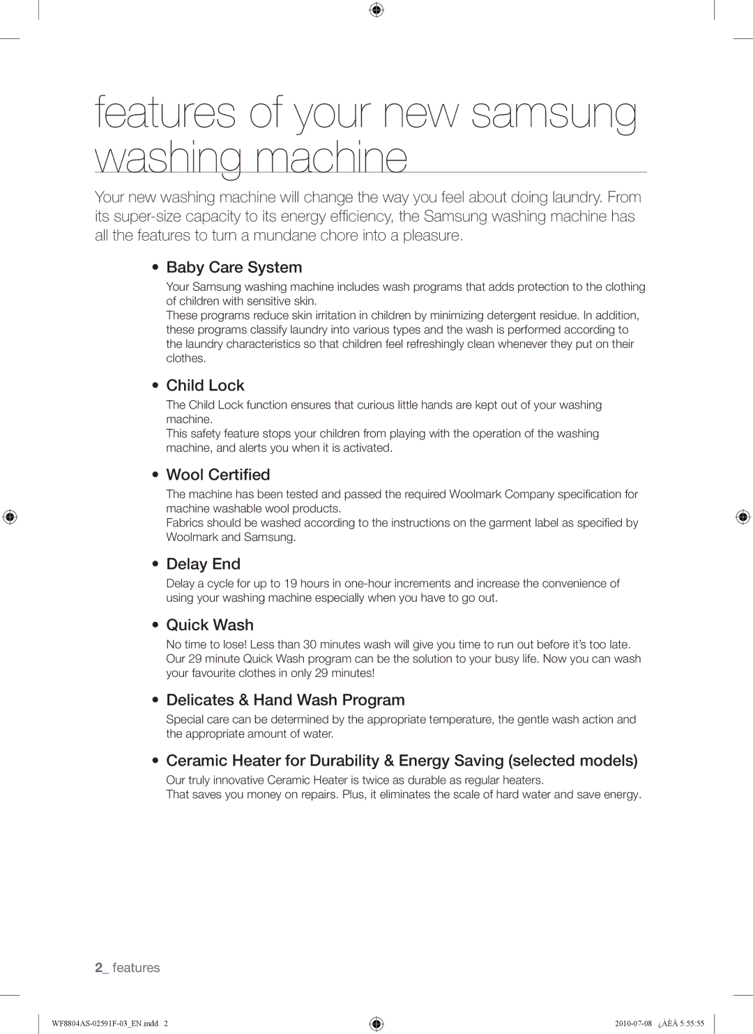 Samsung WF8704ASV/XEE, WF8704ASA1/XEE, WF8704ASV1/XEE, WF8804ASW/XEE manual Features of your new samsung washing machine 