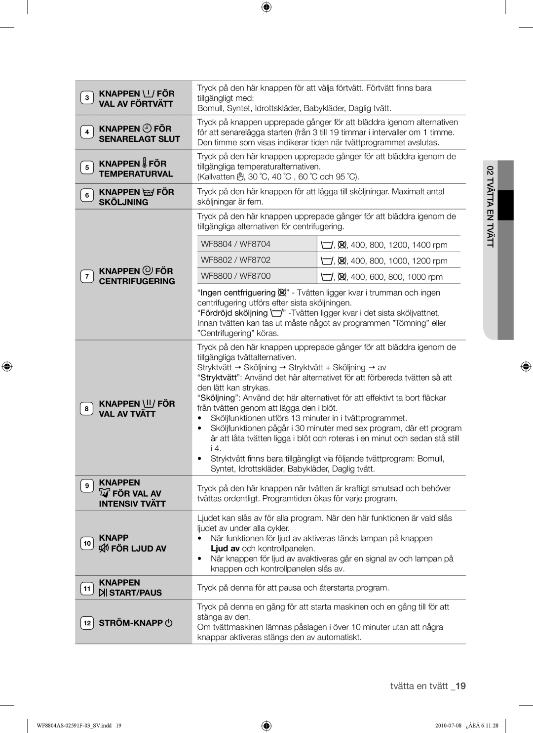 Samsung WF8704ASA1/XEE manual Knappen FÖR, VAL AV Förtvätt, Senarelagt Slut, Temperaturval, Centrifugering, VAL AV Tvätt 