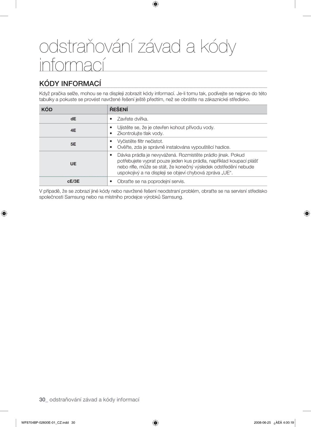 Samsung WF8704BPG/XEH manual Kódy Informací, KÓD Řešení 