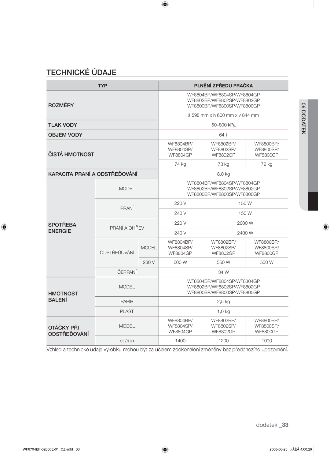 Samsung WF8704BPG/XEH manual Technické Údaje, Kapacita Praní a Odstřeďování 