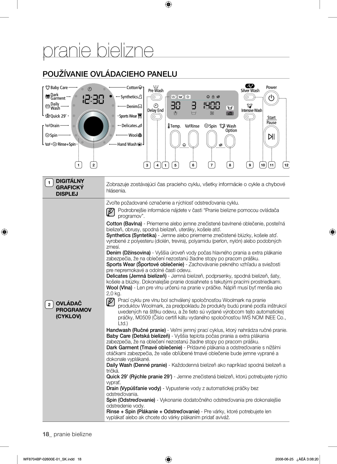 Samsung WF8704BPG/XEH manual Používanie Ovládacieho Panelu 