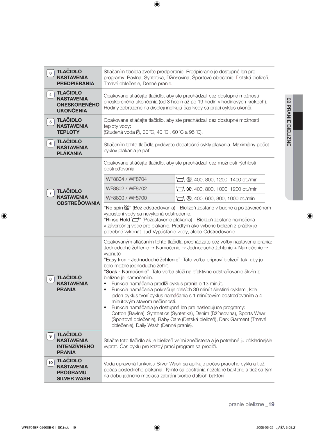 Samsung WF8704BPG/XEH manual Tlačidlo, Nastavenia, Predpierania, Oneskoreného, Ukončenia, Teploty, Plákania, Odstreďovania 