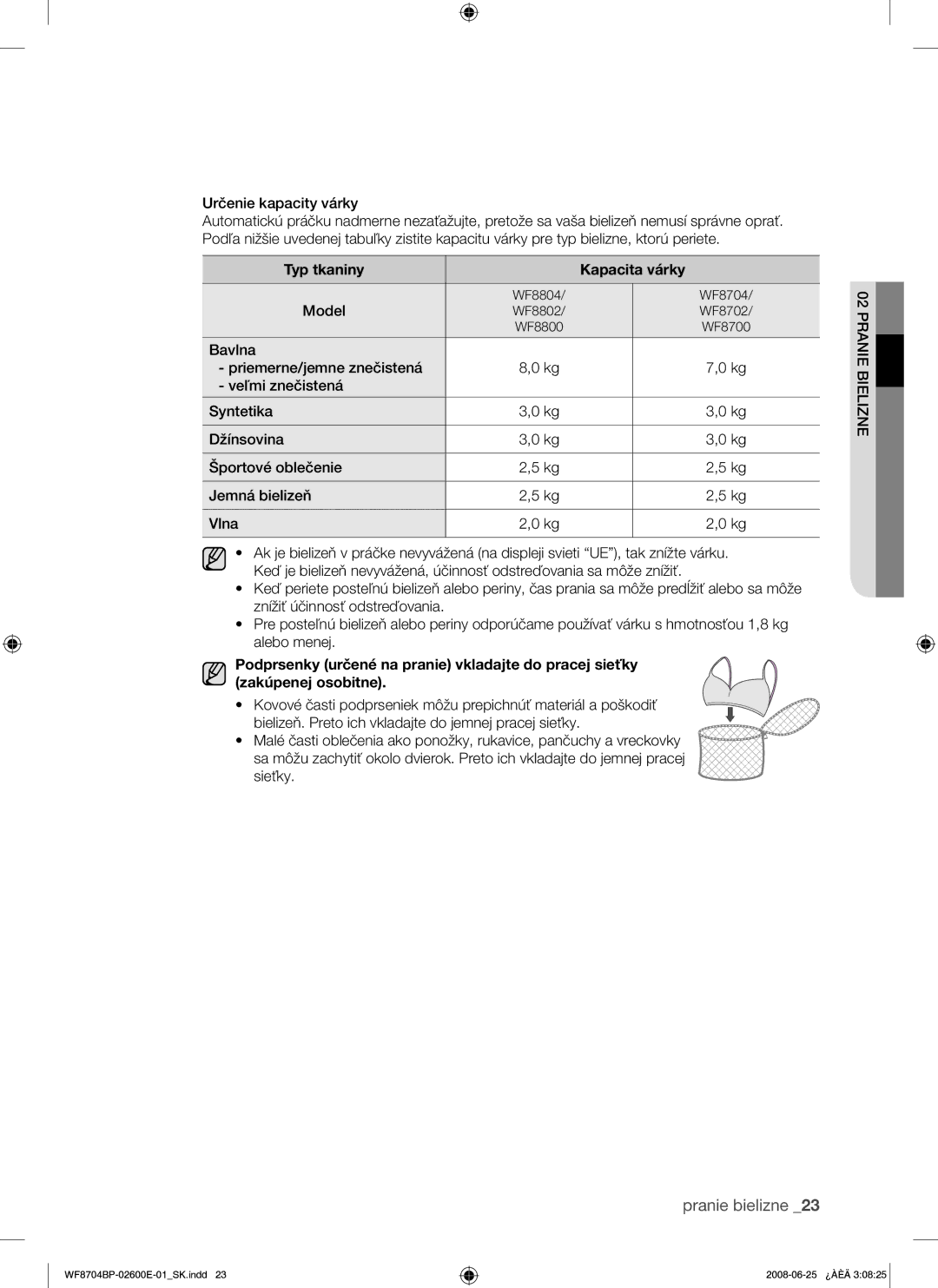 Samsung WF8704BPG/XEH manual Typ tkaniny Kapacita várky 