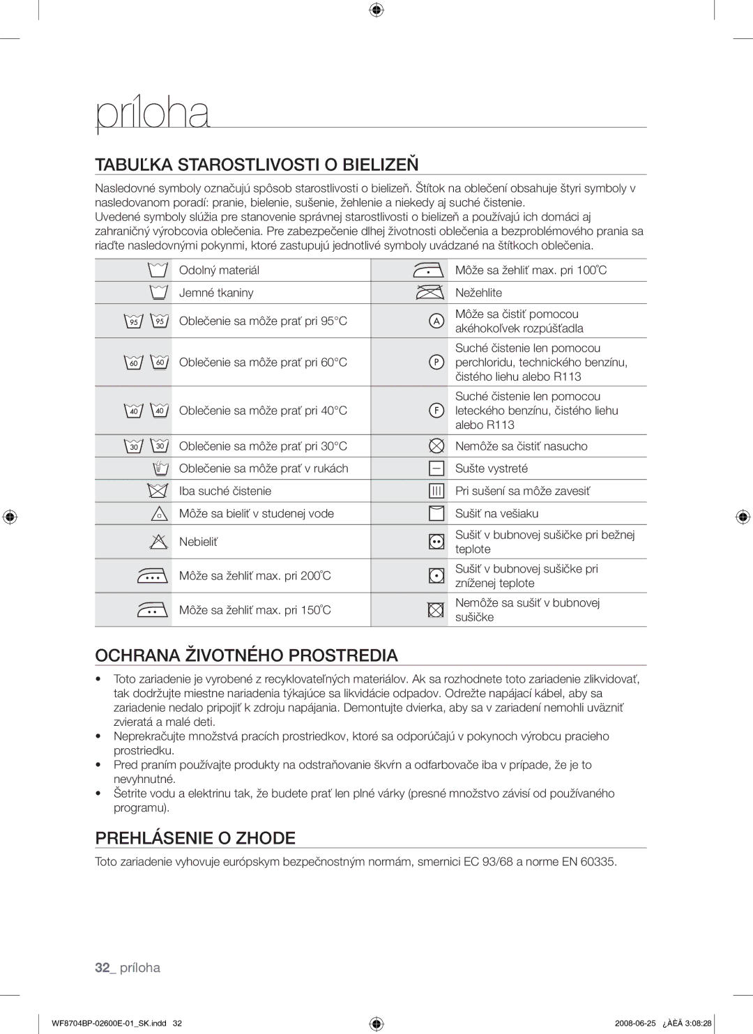 Samsung WF8704BPG/XEH manual Príloha, Tabuľka Starostlivosti O Bielizeň, Ochrana Životného Prostredia, Prehlásenie O Zhode 