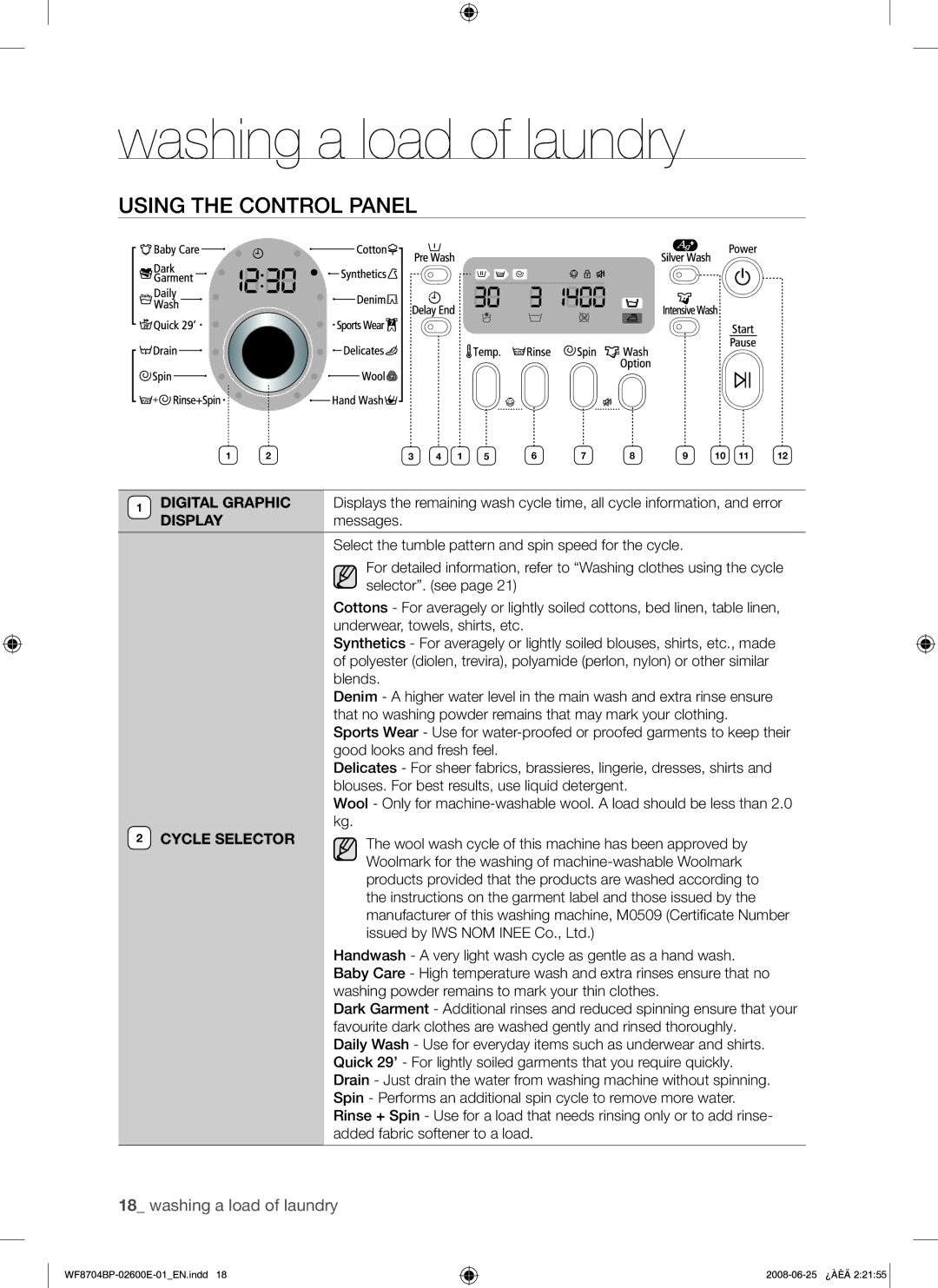 Samsung WF8704BPG/XEH manual Using the Control Panel, Cycle Selector 