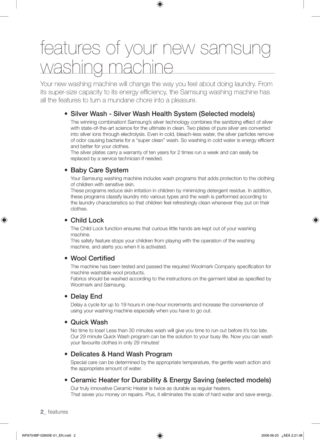 Samsung WF8704BPG/XEH manual Features of your new samsung washing machine 