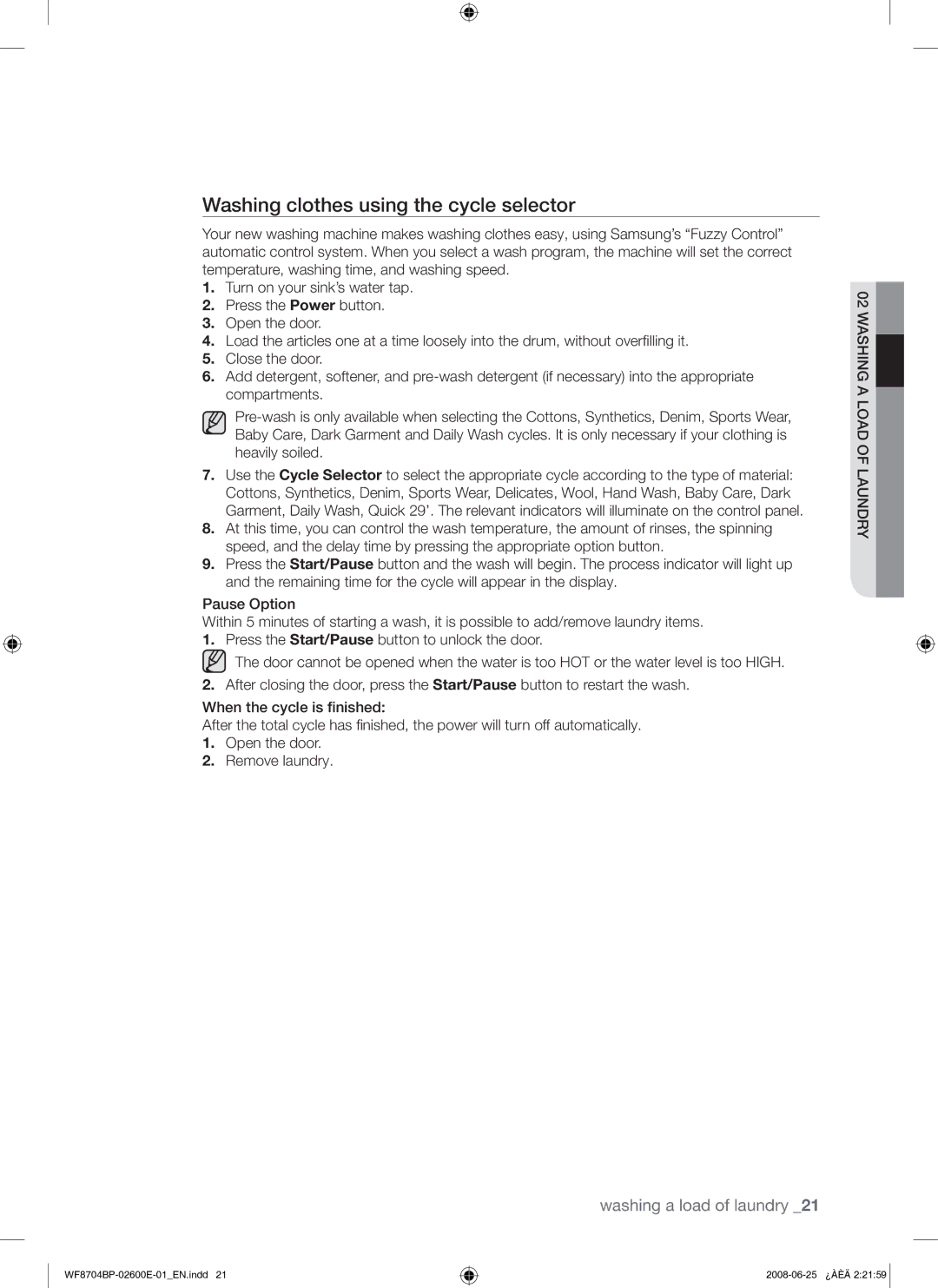 Samsung WF8704BPG/XEH manual Washing clothes using the cycle selector 