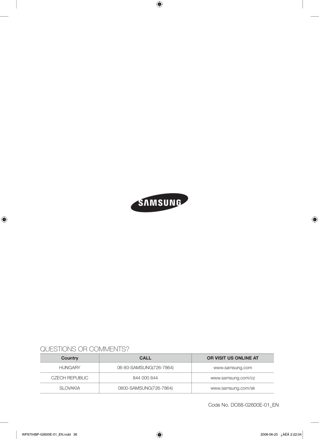 Samsung WF8704BPG/XEH manual Questions or COMMENTS? 