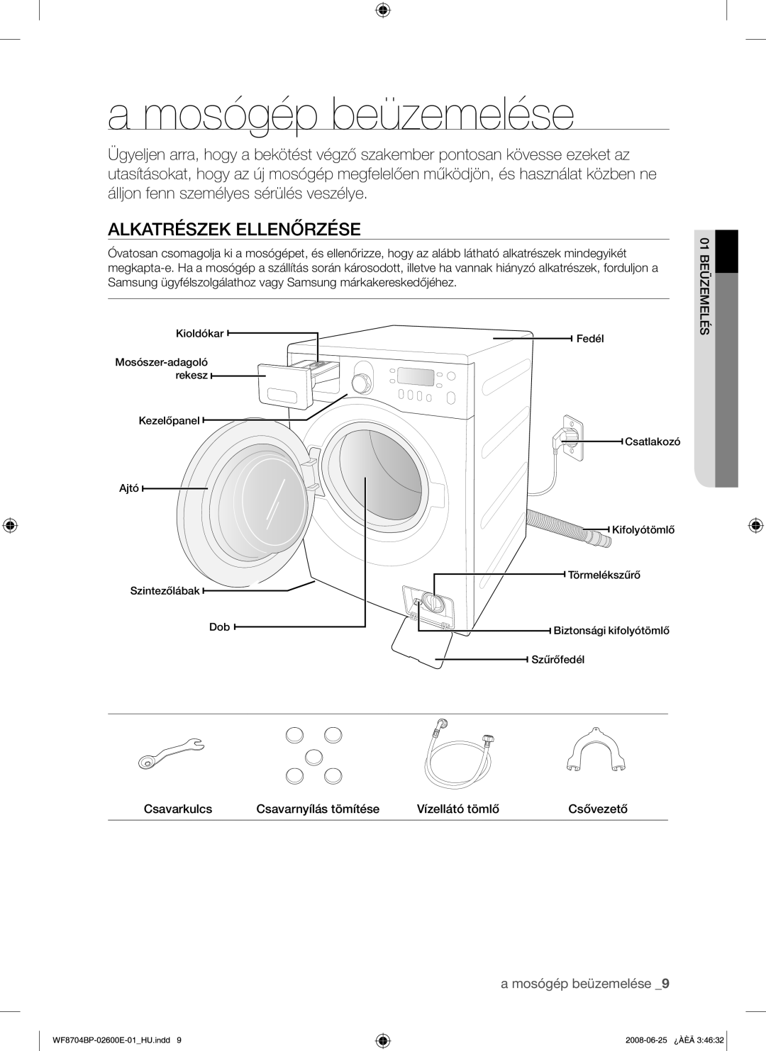 Samsung WF8704BPG/XEH manual Mosógép beüzemelése, Alkatrészek Ellenőrzése 