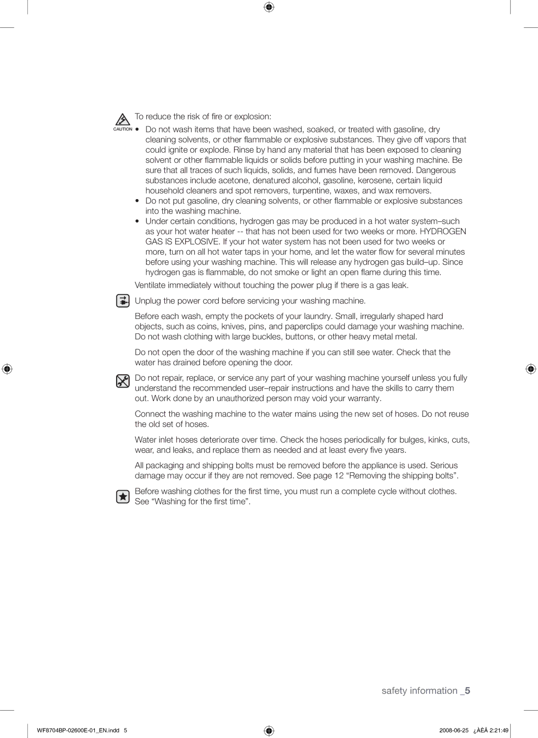 Samsung WF8704BPG/XEH manual Safety information 