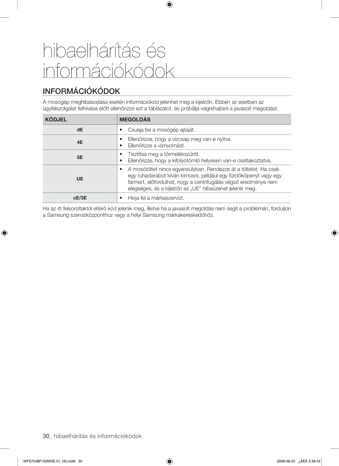 Samsung WF8704BPG/XEH manual Információkódok, Kódjel Megoldás 