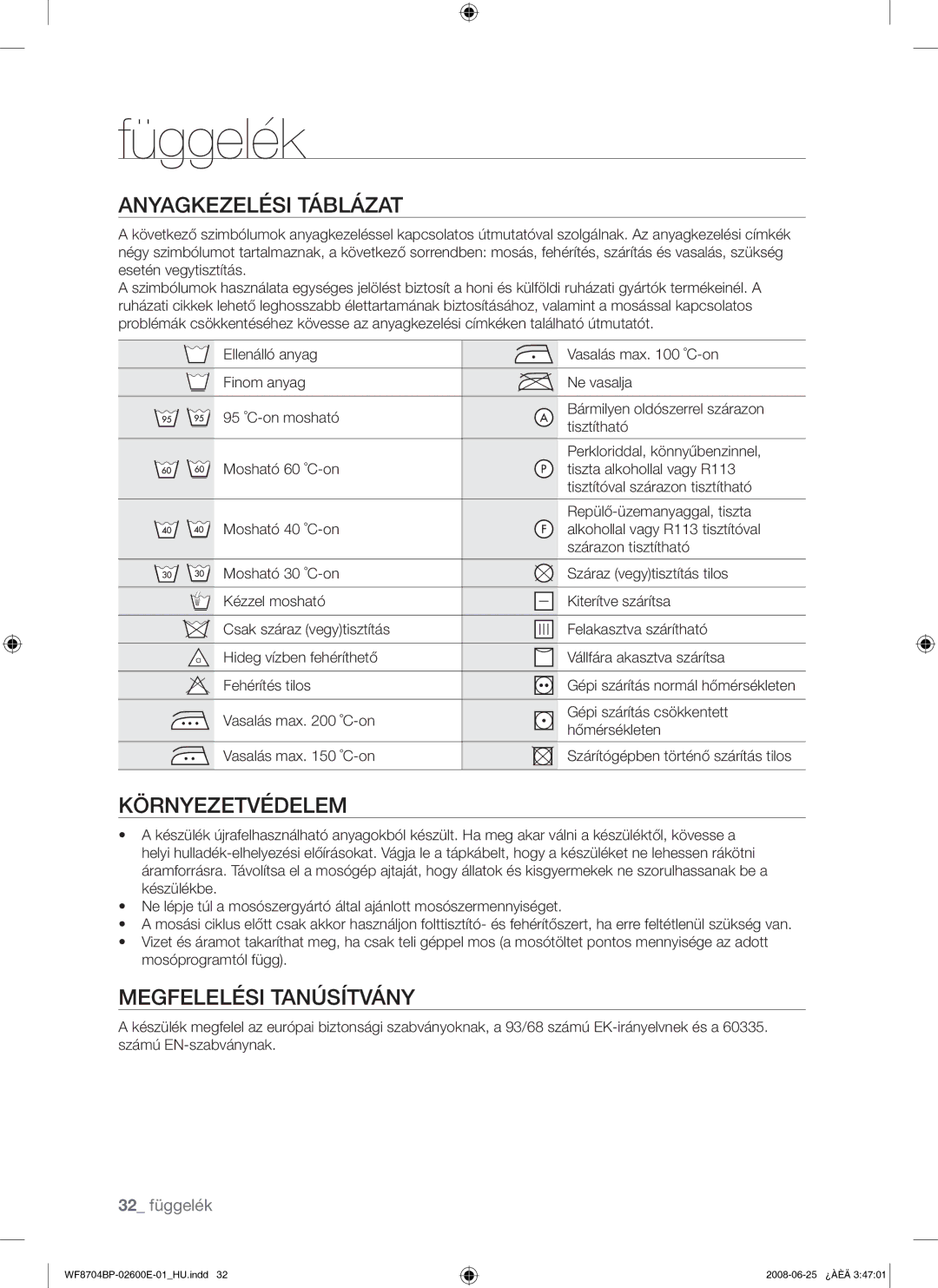 Samsung WF8704BPG/XEH manual Függelék, Anyagkezelési Táblázat, Környezetvédelem, Megfelelési Tanúsítvány 