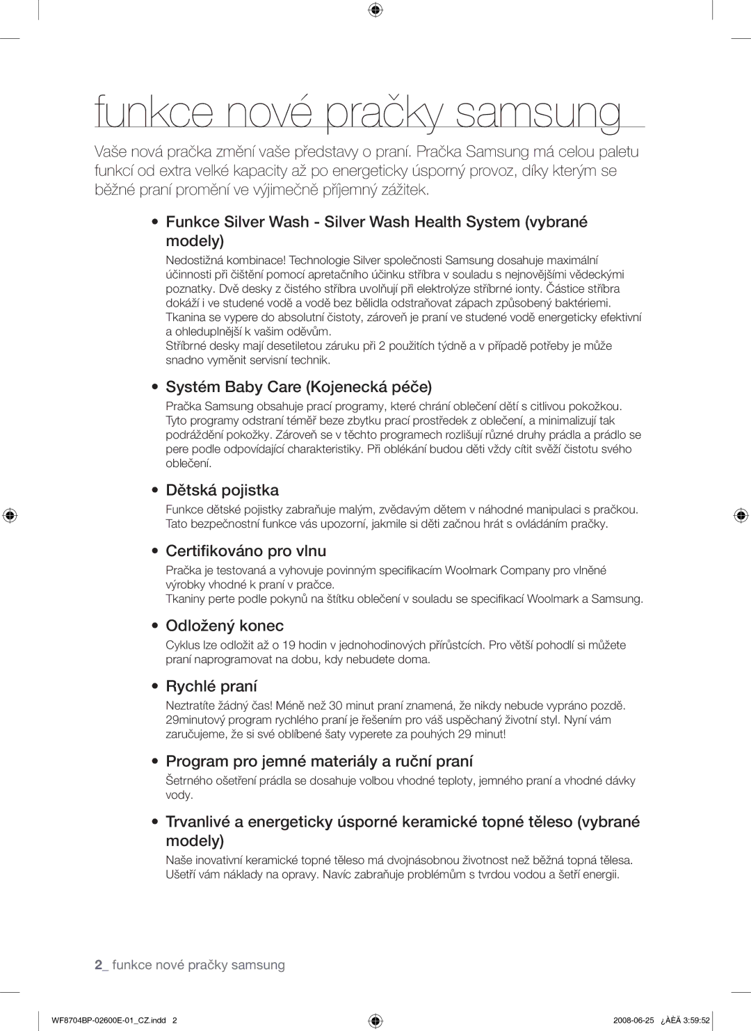 Samsung WF8704BPG/XEH manual Funkce nové pračky samsung 