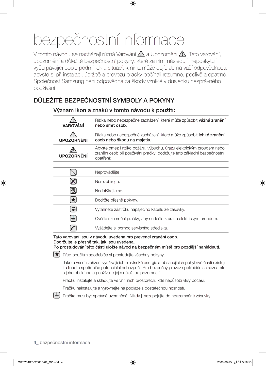 Samsung WF8704BPG/XEH manual Bezpečnostní informace, Důležité Bezpečnostní Symboly a Pokyny, Varování, Upozornění 