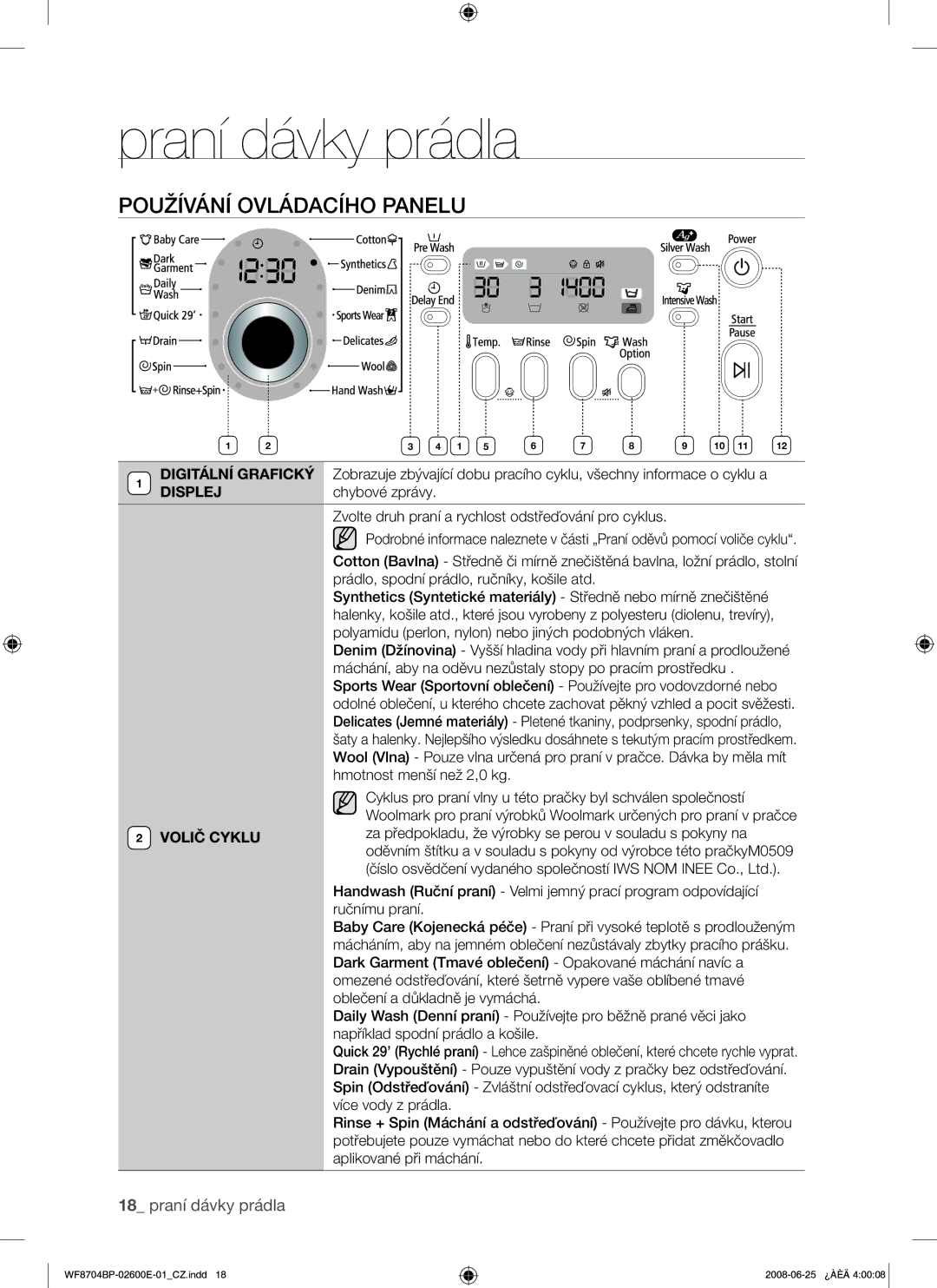 Samsung WF8704BPG/XEH manual Používání Ovládacího Panelu, Digitální Grafický, Displej 