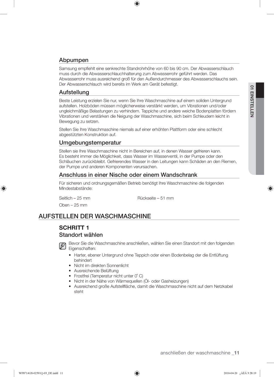 Samsung WF8703JS1/XEG, WF8704GSV/XEG, WF8704GSV1/XEG, WF8703JS/XEG manual Aufstellen DER Waschmaschine 