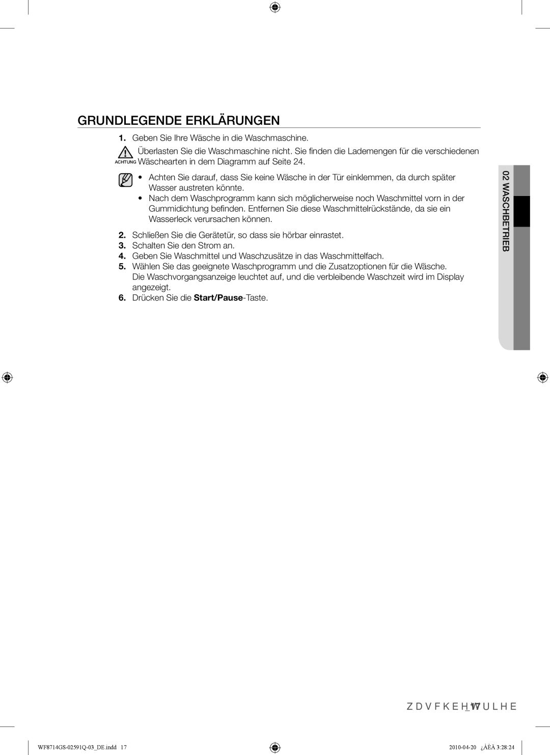 Samsung WF8704GSV1/XEG, WF8704GSV/XEG, WF8703JS/XEG, WF8703JS1/XEG manual Grundlegende Erklärungen 